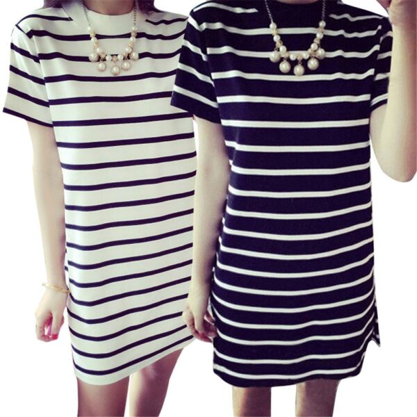 Round Neck Black White Striped Short Sleeved Casual Mini Dress - Image 6